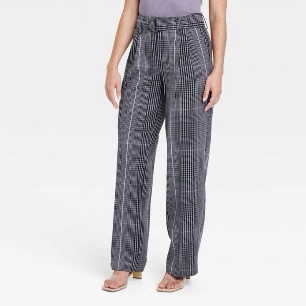 a new day Women's High Rise Relaxed Fit Black and White Plaid Trousers Size 14